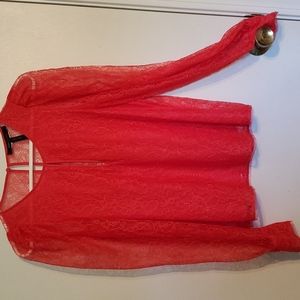 BCBG Maxazria women's S coral color long sleeved lace shirt